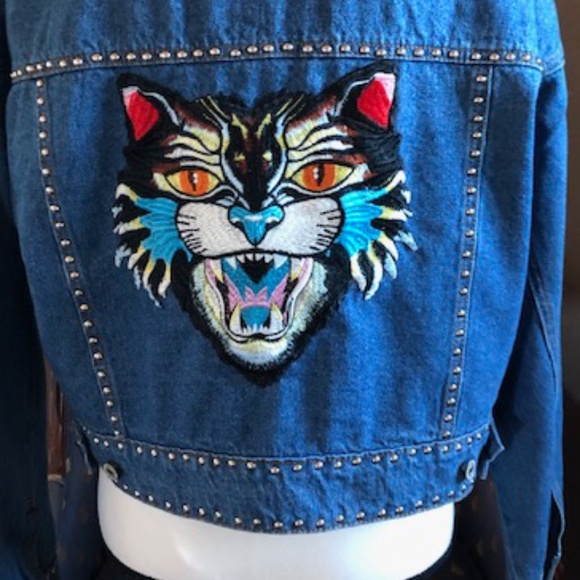 Upcycled Forever 21 Jackets & Blazers - Silver Studded Jean Denim Jacket Tiger - Size Medium - NEW
